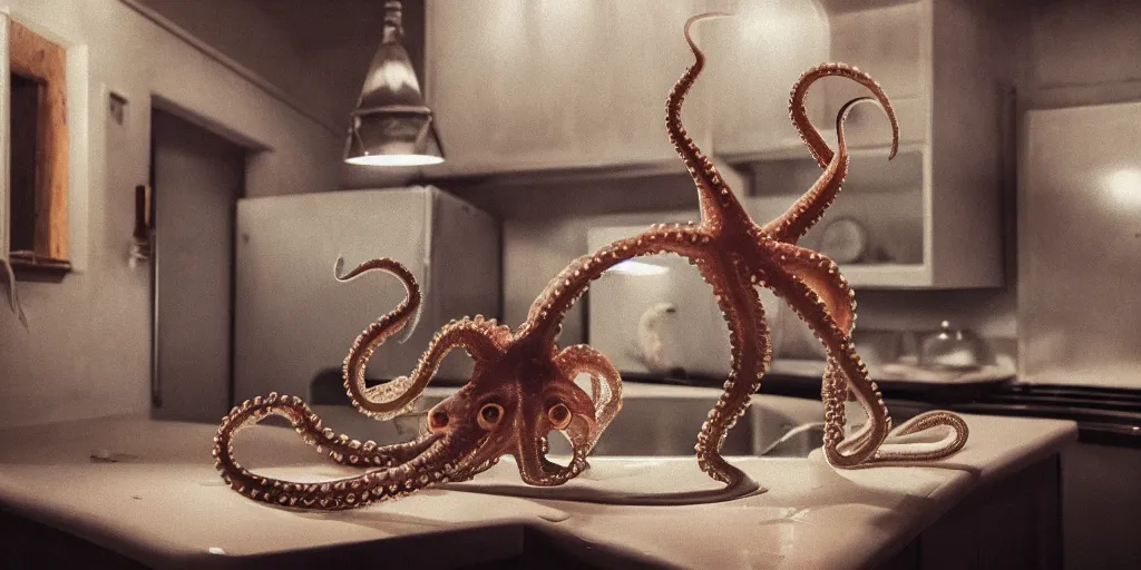 Image similar to an octopus doing the dishes in the kitchen, very detailed and sharp photorealistic, cinematic lighting