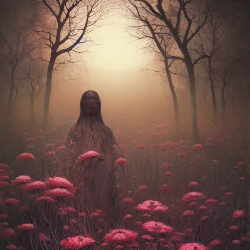 Image similar to a nature portrait of a p - zombie!!! natural lighting art dawn. highly detailed. colourful. moody. artstation, 4 k, by gerald brom zdzisław beksinski, and ansel adams and studio ghibli, horror, lots of sakura flowers, lovely