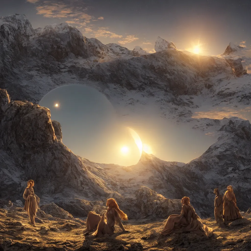 Image similar to eclipse at sunrise on a mountaintop, distant glowing figures, crystalline masterpiece diamond incrustations, art by john collier, albert aublet, artem demura, alphonse mucha, sharper luminescent focus, nd 6, hdr, movie still, fully photorealistic, cinematic diffuse lighting, artstation, textless, sharp focus