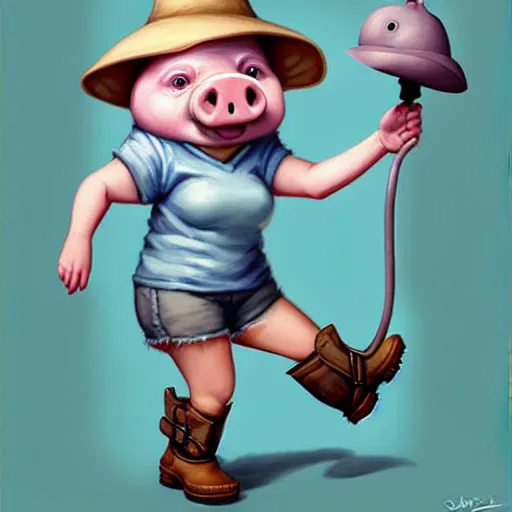 Image similar to cute little anthropomorphic funny female pig wearing shorts, a hat, boots and a pale blue shirt!! tiny!! fully clothed!!! small, short, cute and adorable, character art portrait, matte fantasy painting, deviantart artstation, by jason felix by steve argyle by tyler jacobson by peter mohrbacher, cinema