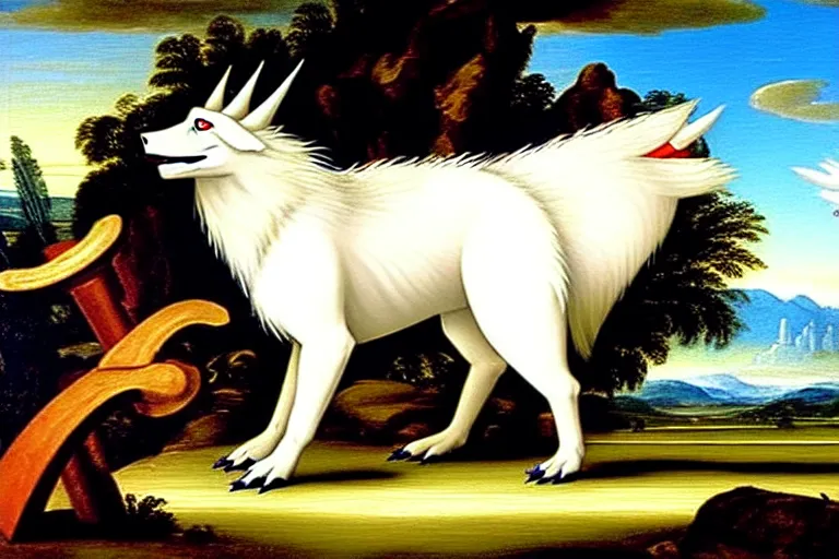 Image similar to a white feathered wolf with a bladed horn and tail. a renaissance oil painting of absol in the style of a pokemon snap screenshot.