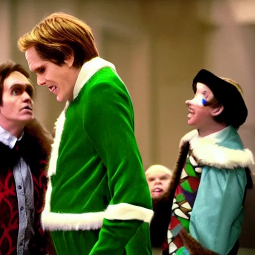 Prompt: jim carrey as buddy the elf, movie still