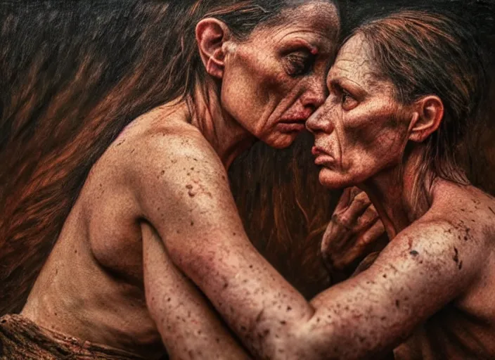 Image similar to photo, female arm wrestlers, woodland location, stefan kostic and david cronenberg, realistic, sharp focus, 8 k high definition, intricate, chiaroscuro, elegant, perfect faces, symmetrical face, extremely detailed, hypnotic eyes, realistic, fantasy art, masterpiece zdzislaw beksinski, national geographic, artgerm