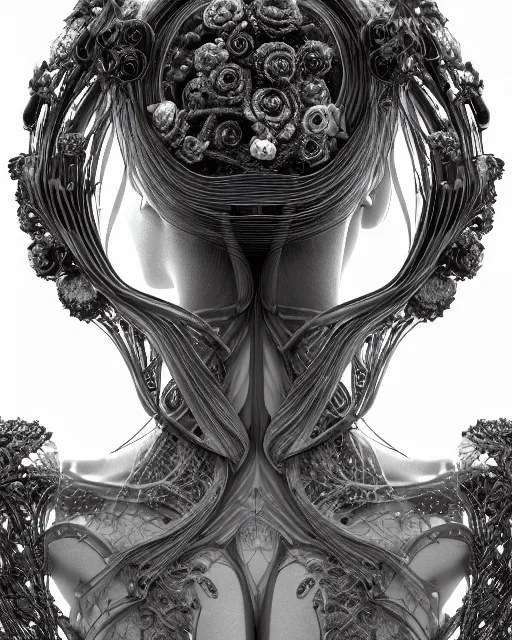 Image similar to mythical dreamy black and white organic bio - mechanical spinal ribbed profile face portrait detail of translucent steampunk beautiful female angelic - human - queen - vegetal - cyborg, highly detailed, intricate crystal ivy jelly ornate, poetic, translucent roses ornate, 3 d render, digital art, octane render, 8 k artistic photography, photo - realistic, by dora maar