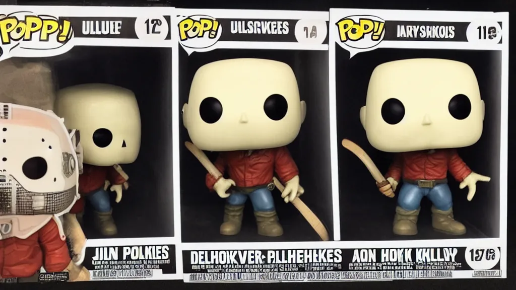 Image similar to a Funko Pop Collectible of Jason Voorhees. Wearing hockey mask, holding axe.