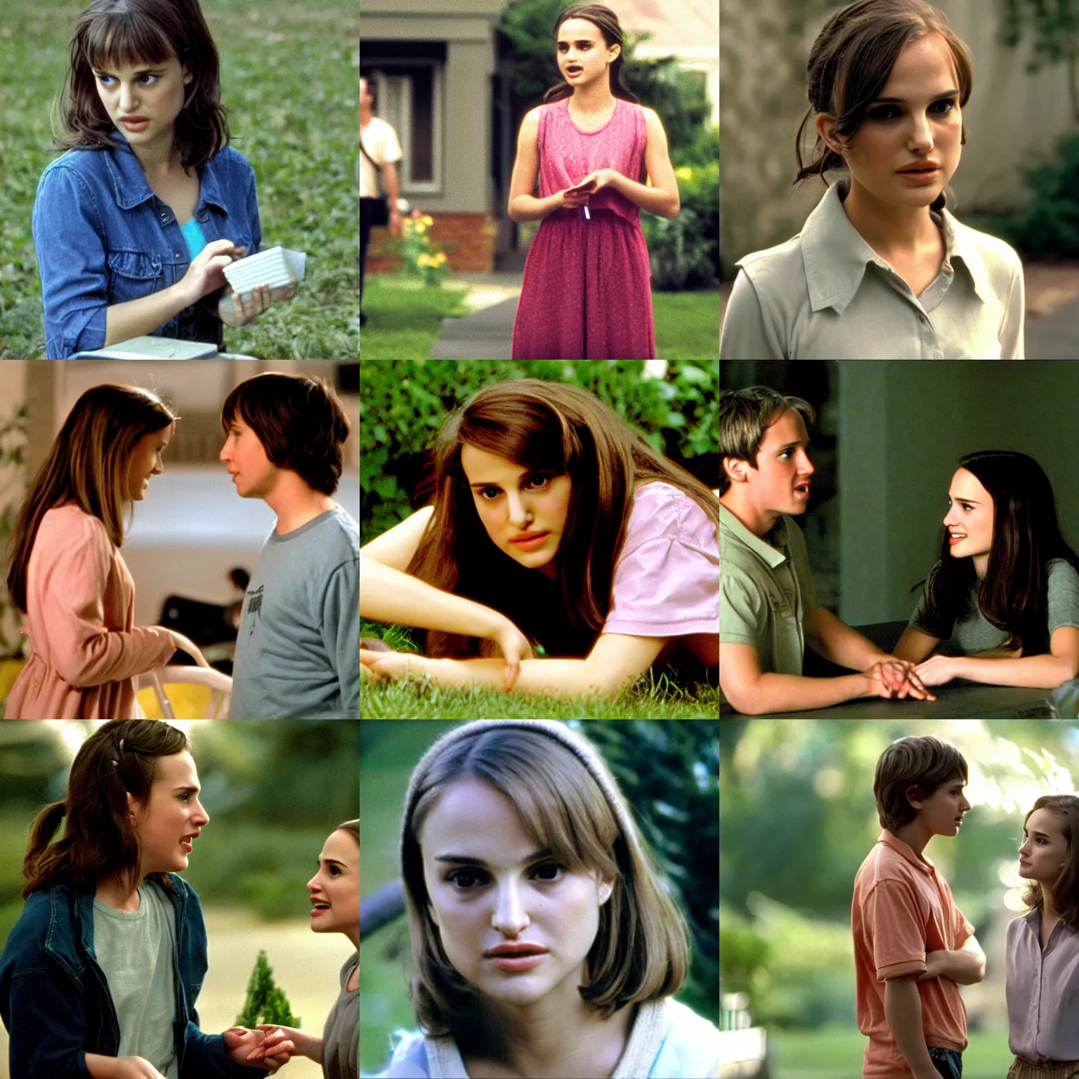 Prompt: samantha ( young natalie portman ) is chattering in garden state movie, 4 k