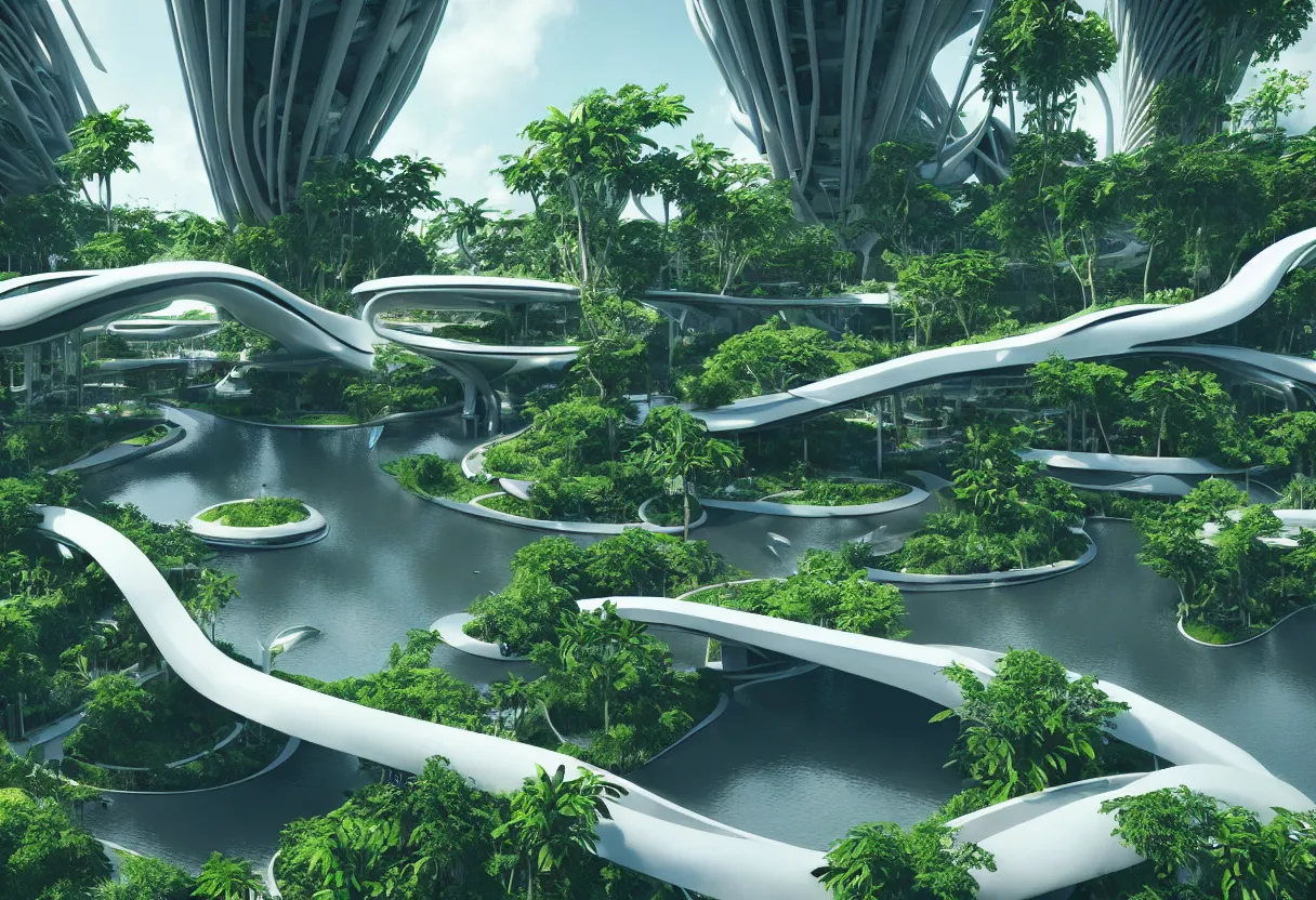 Image similar to futuristic architecture by zaha hadid, multi storey, connecting bridges, covered in lush foliage, surreal, ethereal bohemian garden, middle of gardens, cinematic shot, central square water feature, building inside the water, unreal engine, photorealistic, octane render