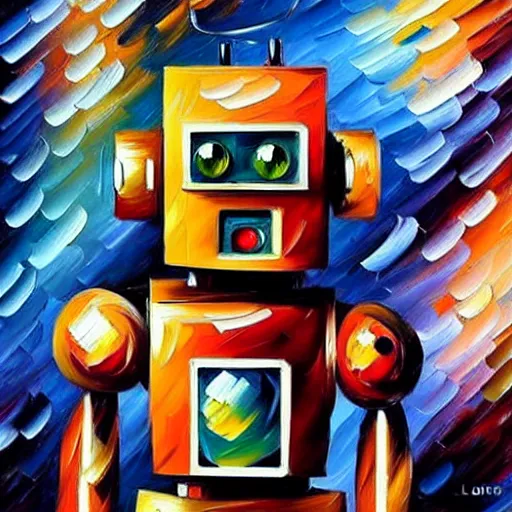 Image similar to a cute little robots painting by leonid afremov