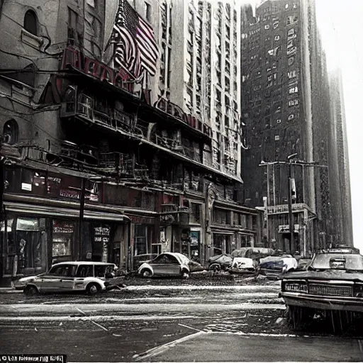 Prompt: an award winning photo of postapocalyptic new york, by helen levitt, ultra detailed, rainy, beautiful