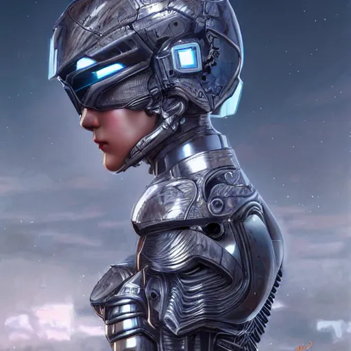 Image similar to ultra realist and ultra intricate detailed soft painting of a beautiful sci-fi armored female by Hajime Sorayama, front facing, sci-fi helmet, symmetry features, sensual gloomy style, volumetric clouds, cyberpunk burning building background, artstation, unreal render, depth of field