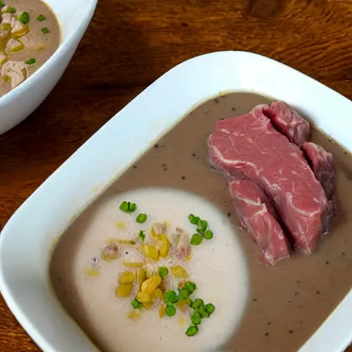 Prompt: raw meat chunks in white gravy with beans,