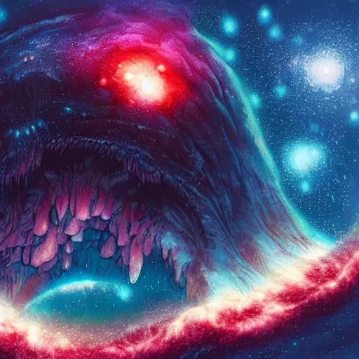 Prompt: an incomprehensibly large monster looming over a galaxy, studio ghibli, digital art, detailed, intricate, ominous, dark, abyss, hellish, nebula, astral