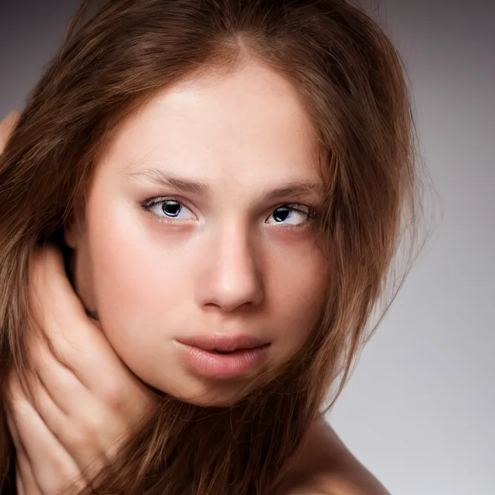 Image similar to photographic Close-up face of a extremely beautiful girl with light brown hair , high light on the left, non-illuminated backdrop, illuminated by a dramatic light, Low key lighting, light dark, High constrast, dramatic , Steve Mccurry, Craig Mulins ,dark background, high quality, photo-realistic, 8K,