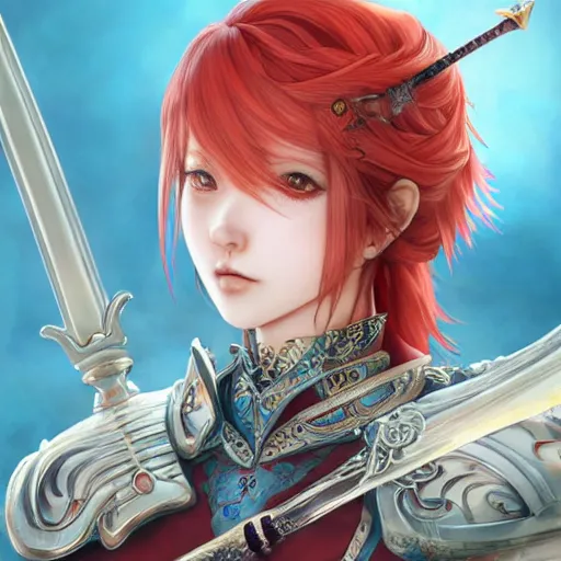 Image similar to a red haired female knight with a holy sword as an absurdly beautiful, elegant, sensual anime girl, blue background, ultrafine hyperrealistic detailed face illustration by kim jung gi, irakli nadar, intricate linework, sharp focus, bright colors, matte, octopath traveler, final fantasy, unreal engine highly rendered, global illumination, radiant light, intricate environment