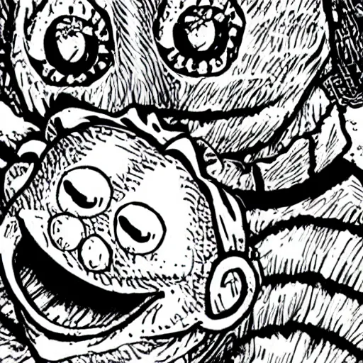 Prompt: Kermit the Frog from Sesame Street in a Junji Ito horror comic