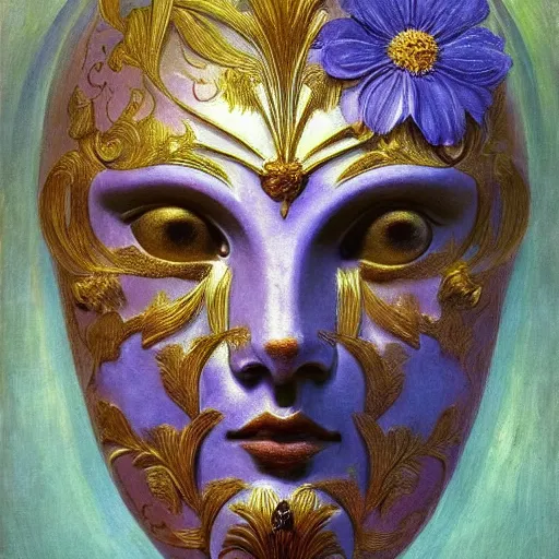 Image similar to masterpiece painting of a facemask made of stylized flowers, by annie swynnerton and jean delville and tino rodriguez, flower mask, symbolist, dramatic lighting, god rays, elaborate geometric ornament, clean crisp graphics, soft cool colors, smooth, sharp focus, extremely detailed