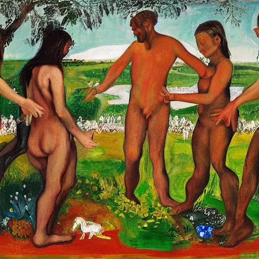 Image similar to 4 peoples dancing in the garden of eden, happy, painted by Asger Jorn, Peter Doig, minimalist oil paint with thick brushstrokes of paint, ultra detailed, realistic, 8k