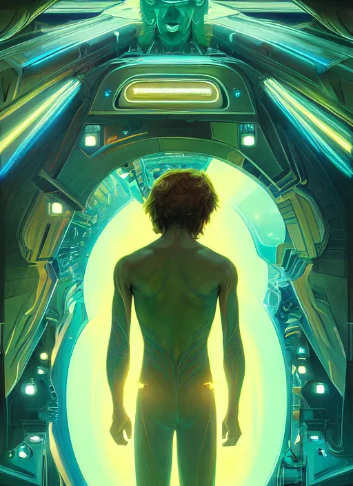 Image similar to symmetry portrait of shaggy rogers, sci - fi, tech wear, glowing lights, intricate, elegant, highly detailed, digital painting, artstation, concept art, smooth, sharp focus, illustration, art by artgerm and greg rutkowski and alphonse mucha