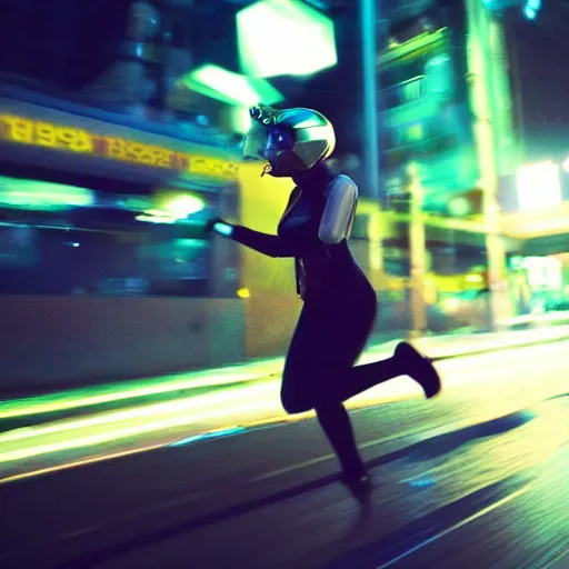 Image similar to gopro pov of a woman wearing scifi helmet running motion blur, cyberpunk night, city, raining