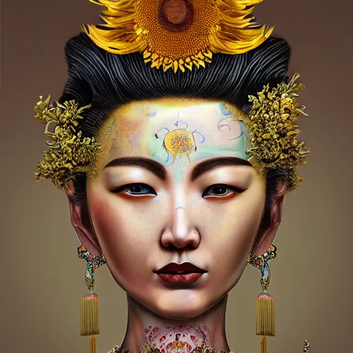 Prompt: Portrait of the Sunflower Goddess, a Chinese female deity that brings joy and light onto the world. Headshot, insanely nice professional hair style, dramatic hair color, digital painting, of a old 17th century, amber jewels, baroque, ornate clothing, scifi, realistic, hyperdetailed, chiaroscuro, concept art, art by Franz Hals and Jon Foster and Ayami Kojima and Amano and Karol Bak,