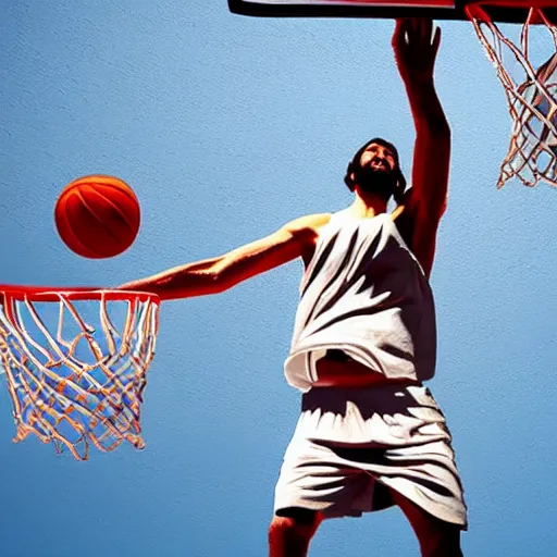 Image similar to Jesus dunks basketball into a net at a court, hd, 4k, realistic
