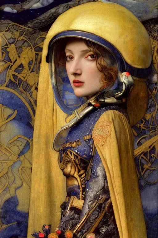 Prompt: portrait of the space queen with her helmet and regalia, by Annie Swynnerton and Nicholas Roerich and John Bauer and John William Godward and Donato Giancola and Vermeer, black leather and embroidered velvet, iridescent beetles, rich color, lost runes, ancient civilizations, dramatic cinematic lighting, featured on Artstation, extremely detailed