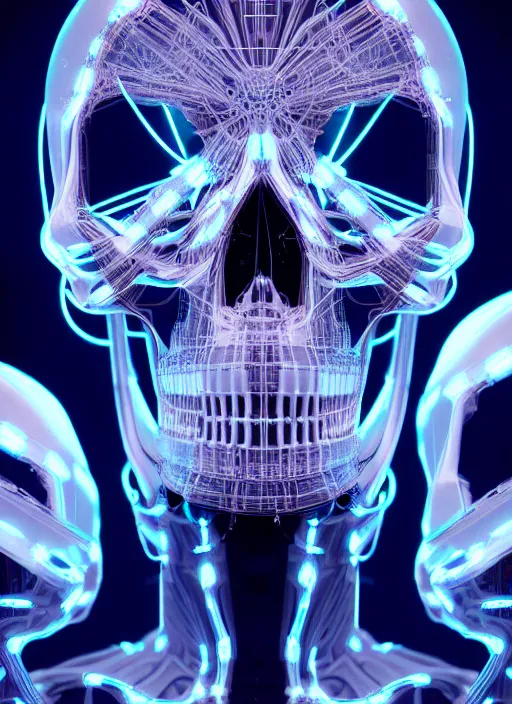 Image similar to symmetry!! portrait of frosted plastic wrapped skull, sci - fi, tech wear, glowing lights!! intricate, elegant, highly detailed, digital painting, octane render, photo realistic