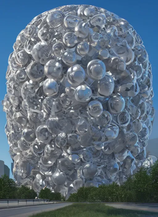 Image similar to highly detailed realistic architecture 3 d render of a futurisctic stele monument made from spheres in frank gehry style standing near a highway, archdaily, made in unreal engine 4 octane render