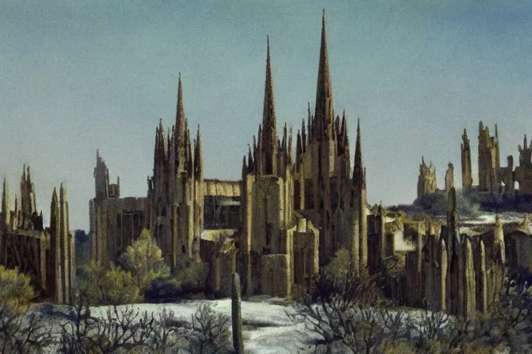 Prompt: landscape hills made of liquid melted wax paper and white brutalist desert gothic cathedral painted by paul gustav fischer