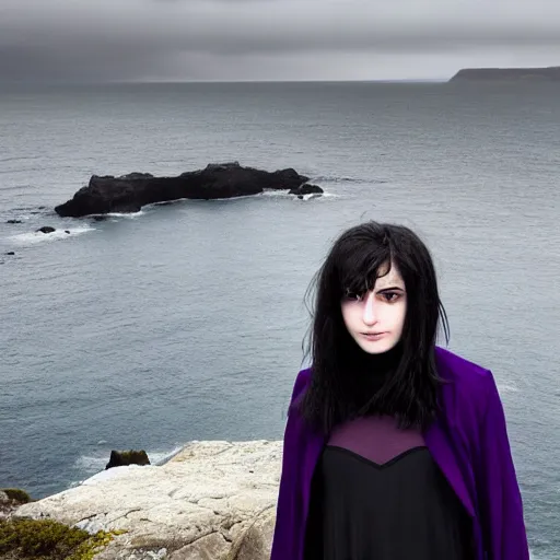 Image similar to 1 7 - year - old pale - skinned persian girl with black long bob cut, black gothic jacket, purple eyes, psychic girl, standing on cliff along the irish coast, overcast gray skies