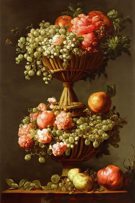 Prompt: a beautiful detailed baroque painting of fruit and flowers in a basket on a fancy tall pedestal, with a window with curtains in the background by Bartolomé Esteban Murillo
