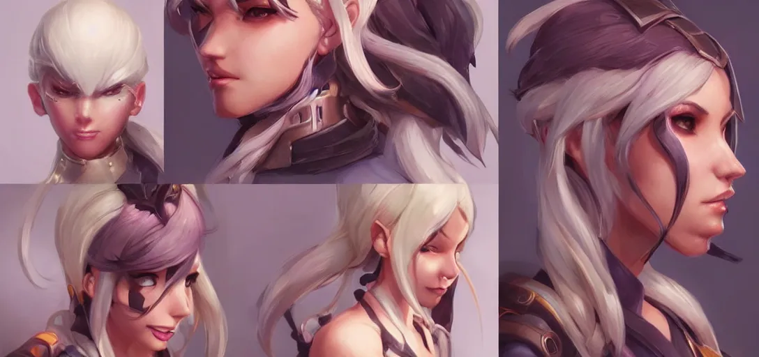 Prompt: concept art of female video game characters head designs, cute, quirky, unique hairstyles, overwatch by marc brunet and artgerm