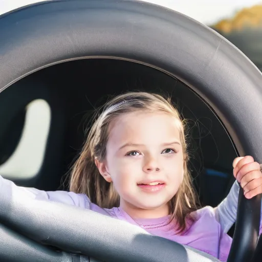 Prompt: small girl sitting on the wheel in the car and driving