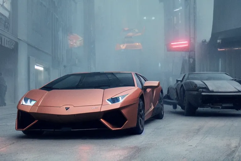 Image similar to A cinematic film still of a Lamborghini in the movie Blade Runner: 2049.