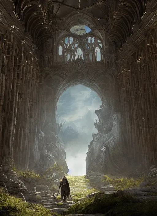 Image similar to a medieval adventurer in lord of the rings scenery landscape, inside an enormous overgrown cathedral made of stone dragons, portal to another dimension in the sky, highly detailed, cinematic lighting, perfect composition, 4 k, gustave dore, derek zabrocki, greg rutkowski, belsinski, octane render