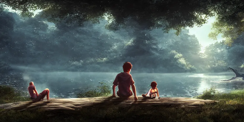 Image similar to a silver dragon and a boy sitting next to lake in forest, many fireflys, at night, concept art, dof, cryengine, digital art, detailed background, makoto shinkai