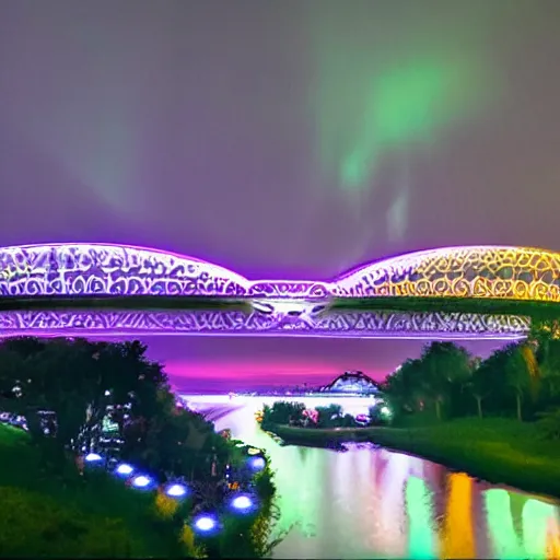 Image similar to bridge in the shape of Mickey mouse purple night sky