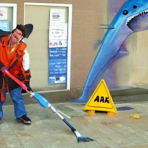 Image similar to Shark as a Janitor throwing out the trash and sweeping, painting