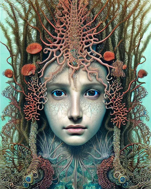 Image similar to realistic detailed underwater face portrait of the beutiful young goddess of the fish of the fractal waters with an intricate headdress of corals, sea kelp, sea plants, coral reef, fish, jellyfish, art by ernst haeckel, zdzisław beksinski, hieronymus bosch, gothic, neo - gothic, ornamental, beautiful deep colours,