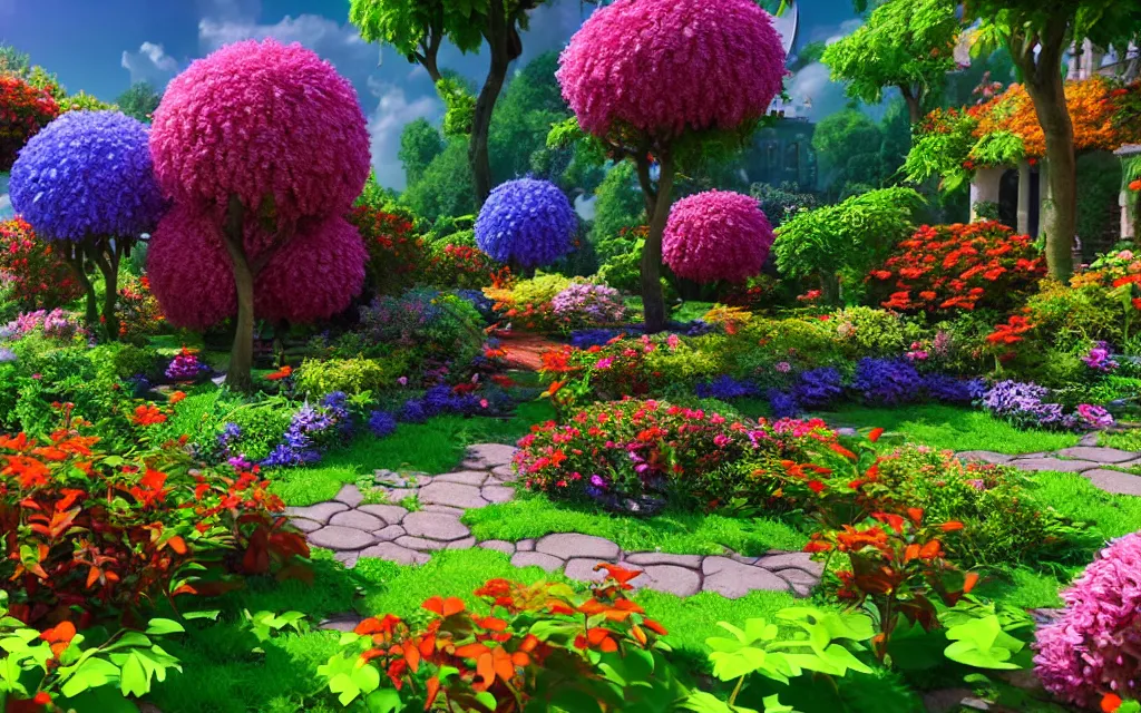 Image similar to a sprawling garden with many flowers and vines, sunny day, beautiful lighting, vivid colors!, highly detailed, cinematic, octane render, 4 k, trending on artstation, deviantart featured