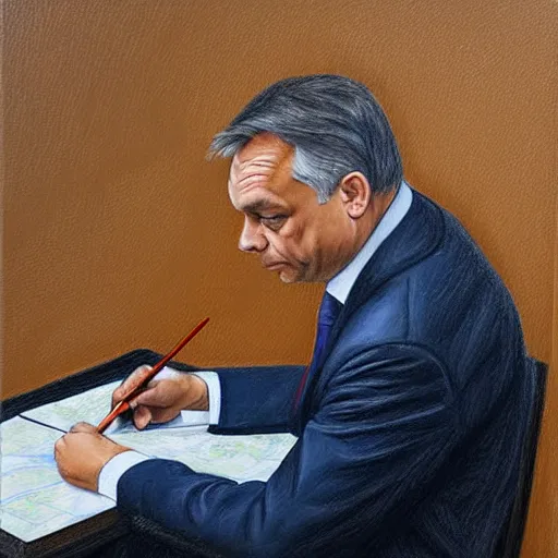 Image similar to viktor orban drawing a map in a cubicle, oil painting