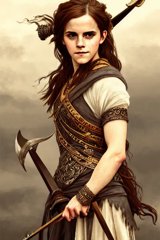 Image similar to Emma Watson as an Viking warrior, fantasy, intricate, elegant, highly detailed, digital painting, artstation, concept art, smooth, sharp focus, illustration, art by alphonse mucha