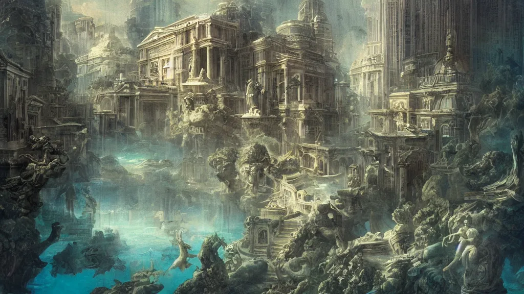 Prompt: a neoclassical underwater city, underwater effect
