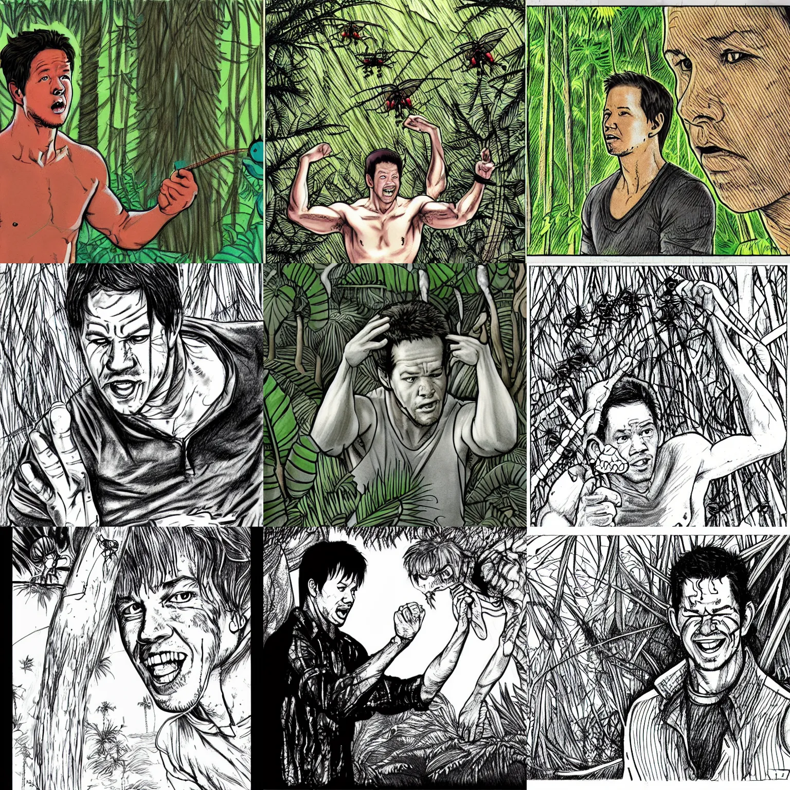 Prompt: sketch of mark wahlberg getting bit by giant mosquitos in a jungle, torment, suffering, drawing by junji ito - 2 0 2 2, digital art, horror, trending on artstation