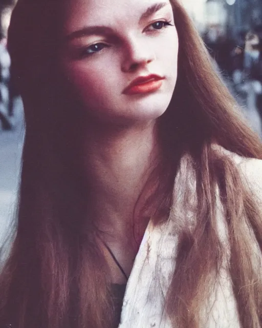 Image similar to photography from 7 0 s, close - up portrait of young fashion model face, soft light, golden hour, in style of street photography from 1 9 7 0