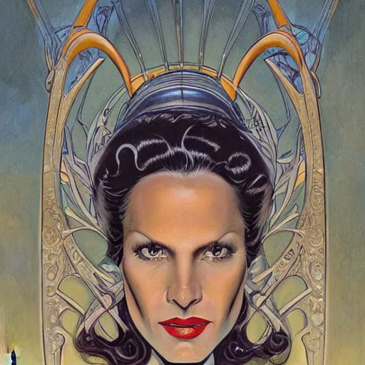 Image similar to a streamline moderne, art nouveau, multi - ethnic and multi - racial portrait in the style of don maitz, and in the style of donato giancola, and in the style of charles dulac. intelligent, expressive, very large eyes. symmetry, ultrasharp focus, dramatic lighting, photorealistic digital painting, intricate, elegant, highly detailed, symmetrical.