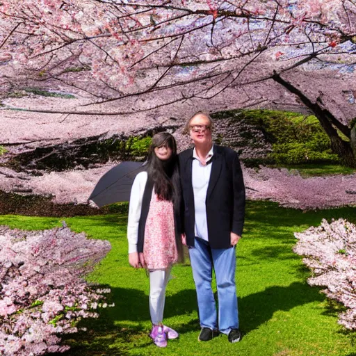 Prompt: lilypitchu and michael reeves under a sakura blossom
