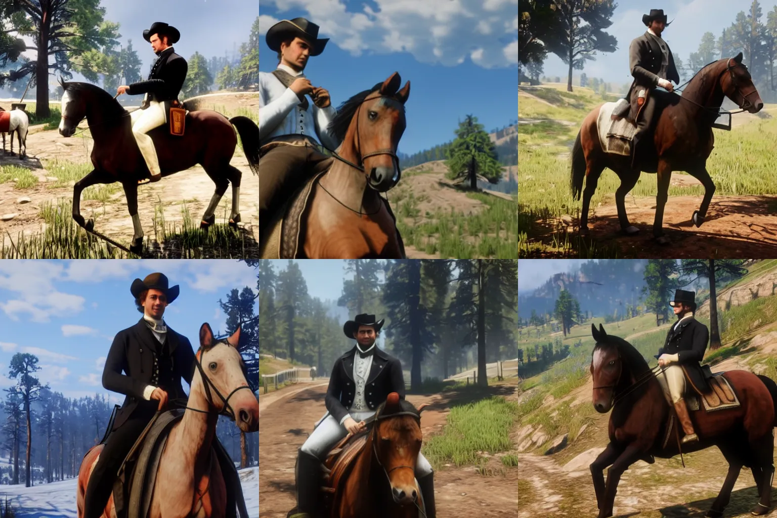 Prompt: franz schubert reading notesheet and riding a horse in red dead redemption 2