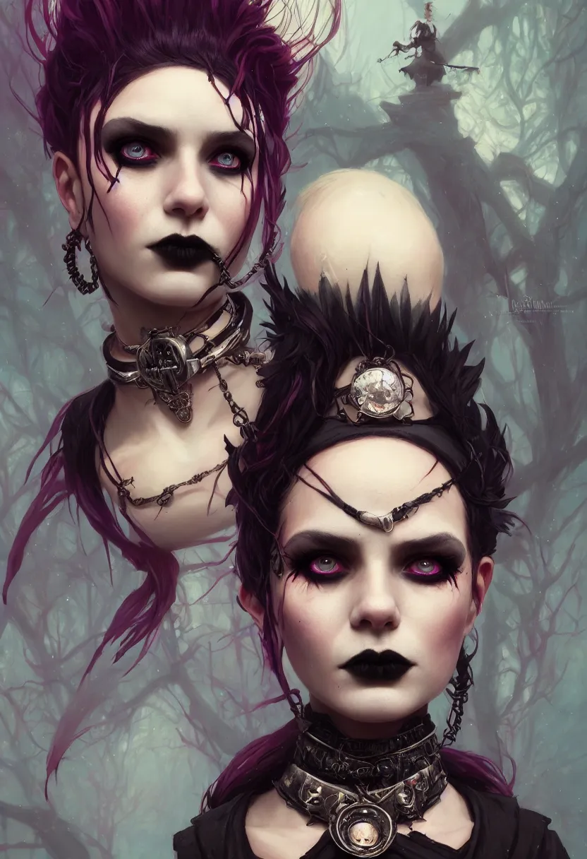 Image similar to beautiful very extreme closeup portrait, goth girl, piercings collar, mohawk hairstyle, medieval dress. witch, makeup. unreal engine, greg rutkowski, loish, rhads, beeple, tom bagshaw, alphonse mucha, global illumination, detailed and intricate environment