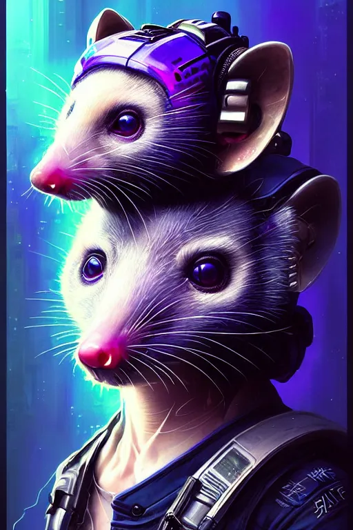 Image similar to a beautiful portrait of a cute cyberpunk opossum aaaaaaaaaa by sandra chevrier and greg rutkowski and wlop, purple blue color scheme, high key lighting, volumetric light, digital art, highly detailed, fine detail, intricate, ornate, complex, octane render, unreal engine, photorealistic